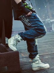 Punk Functional Style Loose Fitting Street Torn Pants